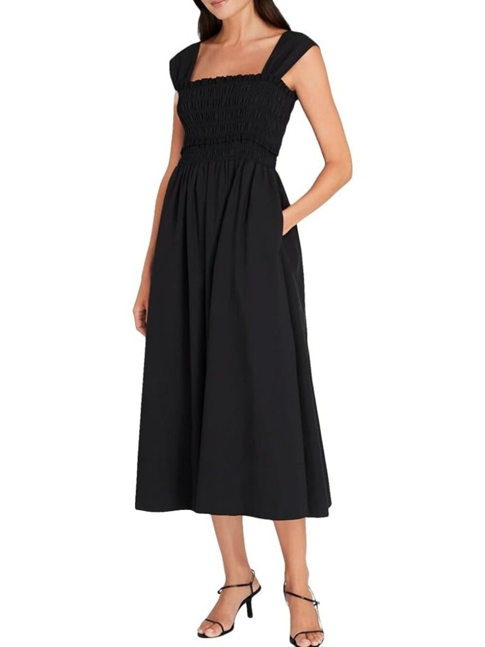 Club Monaco Cotton Smocked Midi Dress in Black Medium Womens